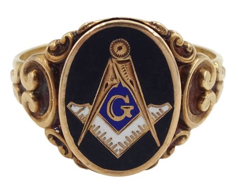 Rose gold and enamel Masonic ring, stamped 10K