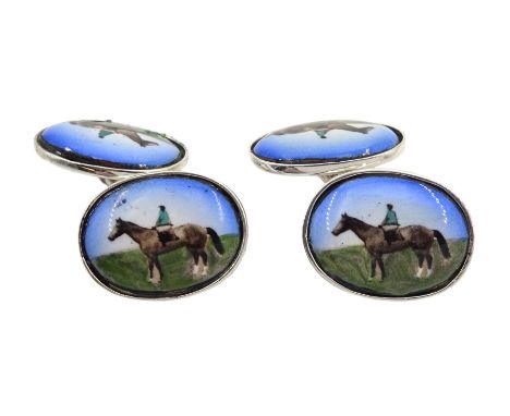 Pair of silver enamel horse cufflinks, stamped 925 and one other pair of gilt cufflinks
