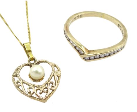 Gold channel set diamond wishbone ring and a gold pearl heart pendant necklace, all 9ct hallmarked or tested