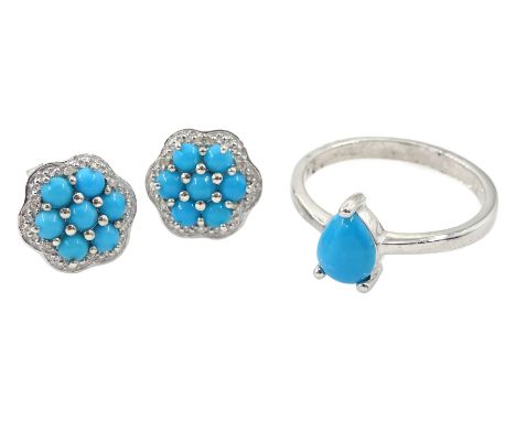 Pair of silver turquoise and diamond cluster stud earrings and a silver pear shaped turquoise ring, all stamped 925