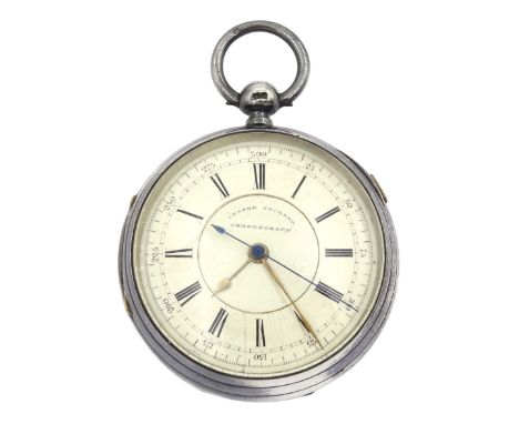 Victorian silver open face, key wound centre seconds chronograph pocket watch, No. 54629,  capped jewels to the centre wheel,