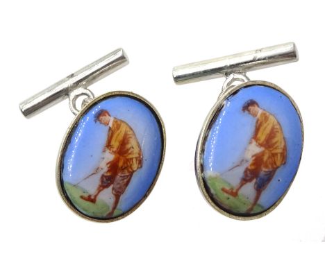 Pair of silver enamel golf cufflinks