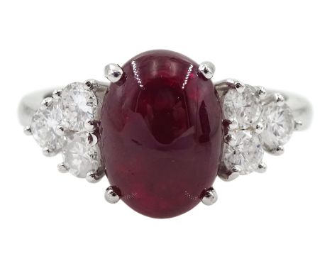 18ct white gold cabochon ruby and six brilliant cut diamond ring, hallmarked, ruby approx 3.70 carat, total diamond weight ap