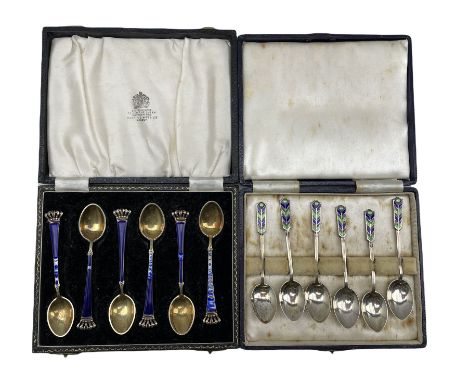 Set of six silver coffee spoons with blue and green enamel terminals, cased Birmingham 1935 Maker Walker and Hall and a set o