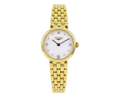 Longines 18ct gold ladies quartz wristwatch, No. L6 107 6, white enamel and diamond dot dial, stamped 750, boxed with additio