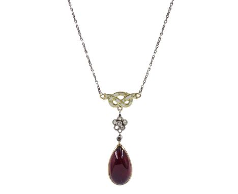 Early 20th century 18ct gold and platinum pear shaped cabochon garnet, enamel and diamond pendant necklace