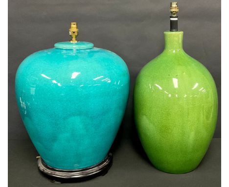 Lighting - Interior Decoration - a large contemporary ovoid table lamp, in the Chinese taste, crackle glazed in turquoise, ha