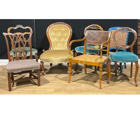 A Sheraton Revival painted open armchair; a Victorian mahogany drawing room chair; a pair of Victorian side chairs; another; 