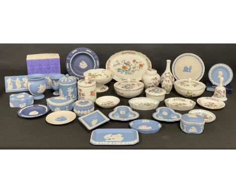 Wedgwood - Jasperware inc plaque, lidded jars, trinket dishes, plates etc;  other Kutani Crane,  Chinese Legend, Wild Strawbe