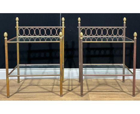 Interior Design - a pair of parcel-gilt patinated copper and glass two tier lamp tables, galleried, acorn finials, 72cm high 