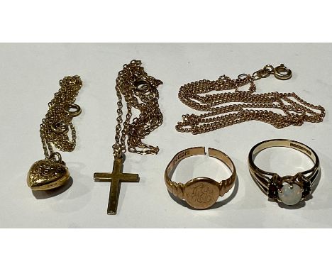 A 9ct gold ring, set with opal, size M; a 9ct gold signet ring; a 9ct gold heart shaped pendant necklace; others; 9.9g gross