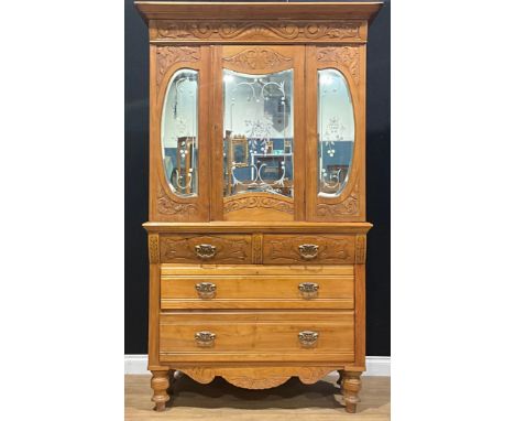 An early 20th century walnut enclosed parlour bookcase or buffet deux corps, by C.W.S cabinet factory, Pelaw-on-Tyne, 211.5cm