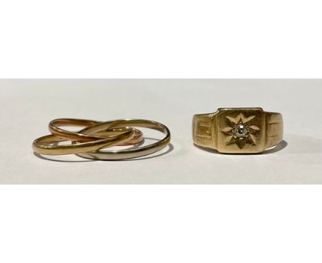 A three colour 9ct gold triple band interlaced wedding band, size R;  a 9ct golf diamond accented signet ring, size N, 10.2g 