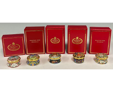 An assortment of Halcyon Days enamel pill boxes, comprising Christmas 1988, 1989, 1991, 1992 and 2000, boxed with certificate