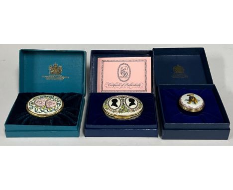 An assortment of Halcyon Days enamel pill boxes, comprising marriage of Prince of Wales and Lady Diana Spencer, 1981, boxed w