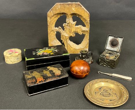 Boxes and Objects - a Regency bronze miniature chamberstick; a 19th century travelling inkwell; a Cairo ware dish; a papier m