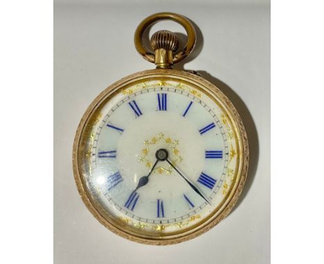 A 19th century 14ct gold open face ladies' fob watch, the enamel dial decorated with star shaped gilt within chapter ring wit