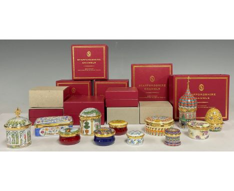 A collection of twelve Staffordshire enamel boxes, various designs
