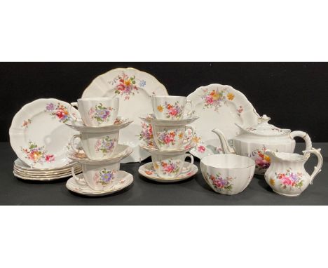 A Royal Crown Derby Posies pattern tea set comprising teapot, milk jug and sugar bowl, six teacups and saucers, six tea plate