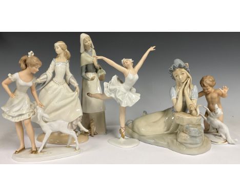 LLadro figure Cinderella, Lost Slipper;  another Shepherdess with puppy;  Wallendorf porcelain figures, boy and dog, ballerin