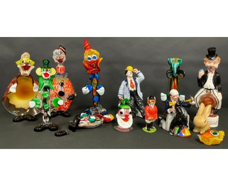 Clowns - Royal Doulton figures. Slapdash, Hn2277, Partners, Hn3119; others Murano glass decanter, figures, etc;  sylvac rabbi