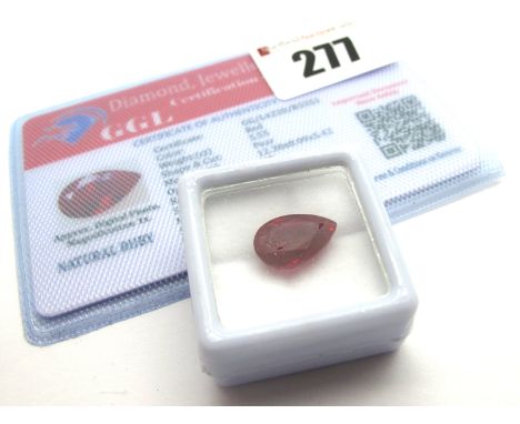 A Pear Shape Ruby, unmounted; together with a Global Gems Lab Certificate card stating carat weight 5.55ct (Treatments: Heati