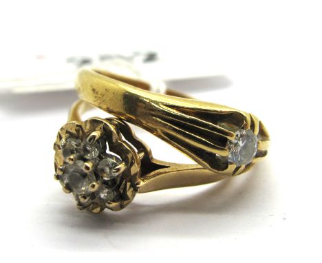 A Single Stone Ring, reeded claw set; together with a 9ct gold cluster dress ring. (2)