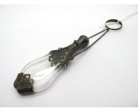 A Decorative Continental Scent Flask, of elongated shaped design with clear glass body, with hinged lid and original stopper,