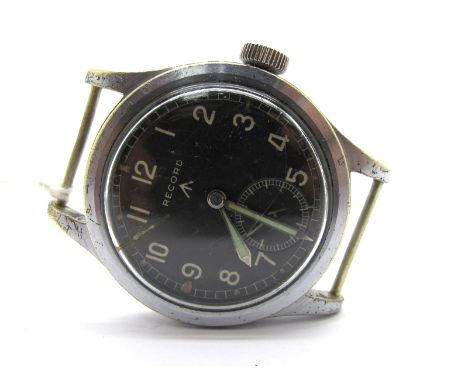 Record; A WWII "Dirty Dozen" Military Issue Gent's Wristwatch Head, (no strap) the signed black dial with Arabic numerals and