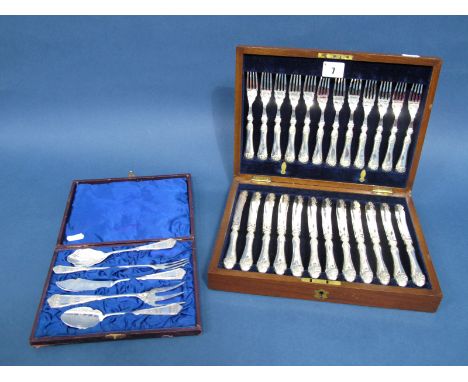 A Highly Decorative Set of Twelve HC&amp;Co EPNS Fish Knives and Forks, in original fitted wooden case; A Decorative Five Pie