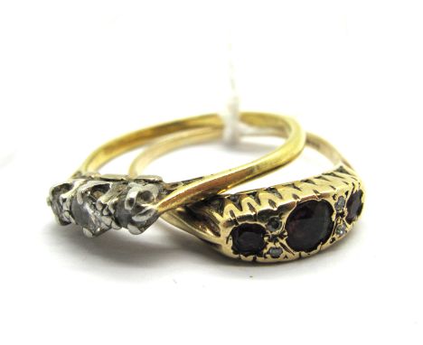 A 9ct Gold Ring, graduated rubover set; together with a three stone ring, graduated claw set. (2)