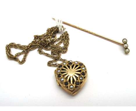 A 9ct Gold Heart Shape Locket Pendant, of pierced design with pearl set highlights, on a chain; A Three Pearl Stick Pin, stam