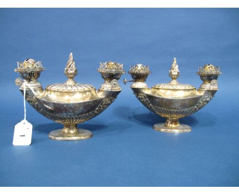 A Pair of Hinks &amp; Son (Birmingham) Plated Twin Light Oil Lamps, (each lacking wick, chimney and shade), of semi reeded fo