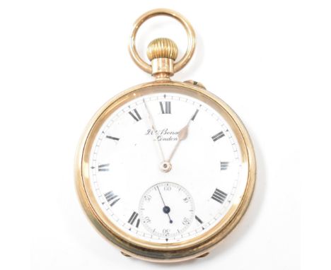 J. W. Benson, London - A hallmarked 9ct gold Art Deco era circa. 1920's Benson pocket watch. The watching having white enamel