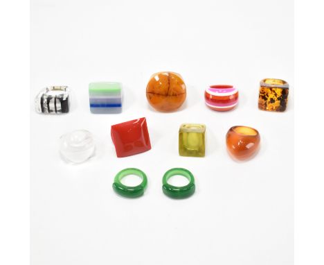 A collection of vintage retro plastic chunky rings in a variety of colours and sizes to include jade coloured examples as wel