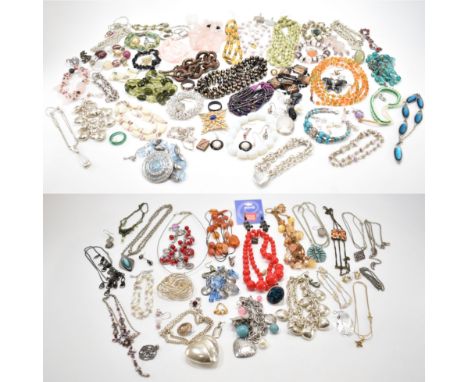 An assortment of costume jewellery. The lot to include; chains, necklaces, beads, white metal, stone, glass, abalone, shell, 