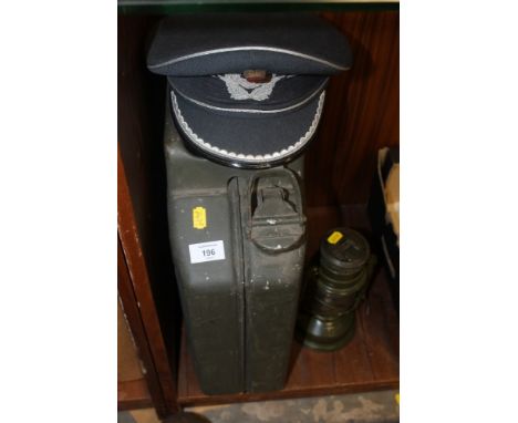 A MILITARY OFFICERS CAP, JERRY CAN & OIL LANTERN (3)