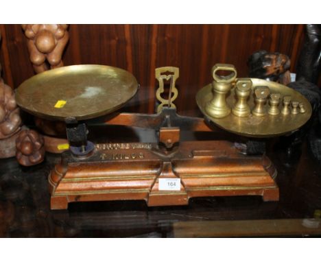 A SET OF VINTAGE CAST & BRASS SCALES AND WEIGHTS