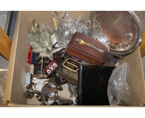 A MUSICAL CIGARETTE BOX OF COLLECTABLES, METALWARE ETC