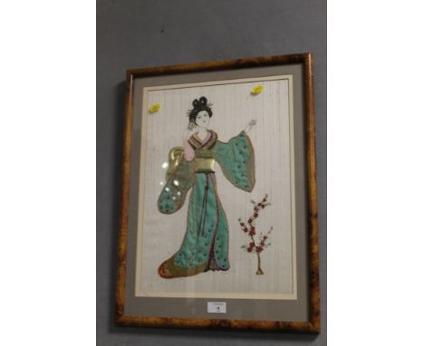 A FRAMED & GLAZED ORIENTAL PANEL FEATURING A GEISHA