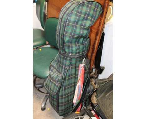 A SELECTION OF GOLF CLUBS WITH A HBS GOLF CADDY BAG