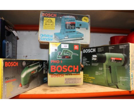 A SELECTION OF POWER TOOLS TO INC A BOSCH PLANER AND A BOSCH HOT AIR GUN