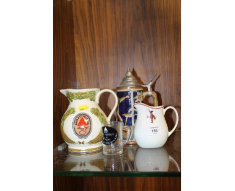 A WADE BASS ADVERTISING JUG, GOEBEL TANKARD, WEDGWOOD JUG & A SMALL BASS GLASS (4)