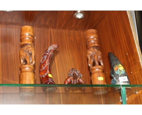 FIVE CARVED AFRICAN STYLE ITEMS TO INC A HUNTING HORN