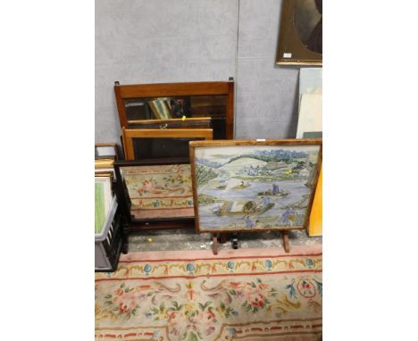 AN ORIENTAL STYLE WATERCOLOUR FIRESCREEN TOGETHER WITH A SELECTION OF MIRRORS