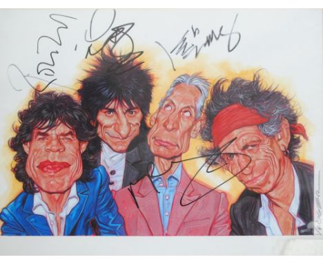 SEBASTIAN KRUGER; a caricature print of the Rolling Stones, signed by all four band members and with certificate of authentic