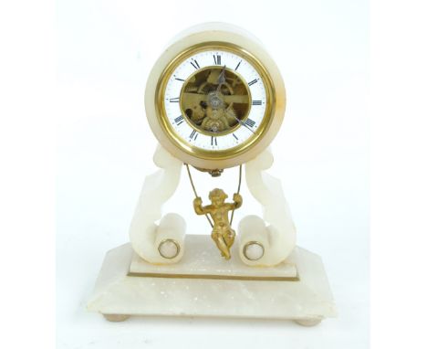 A late 19th century framed alabaster and gilt metal detailed thirty hour mantel clock, the circular dial with exposed movemen