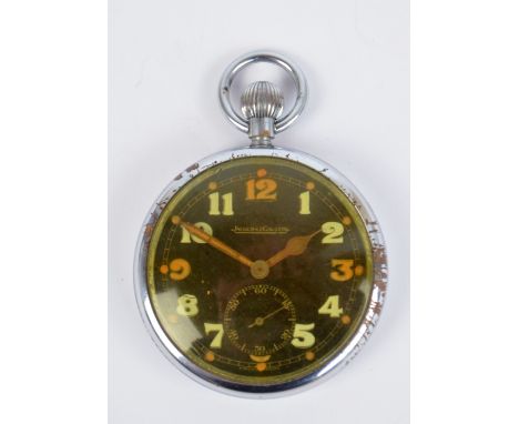 JAEGER-LECOULTRE; a mid-20th century military issue chrome cased open face crown wind pocket watch, the circular black dial s