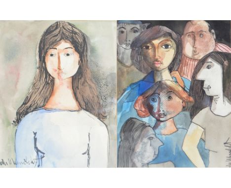 UNATTRIBUTED; watercolour, portrait of a dark haired young woman in blue pearls gazing downwards, signed lower left and a sim