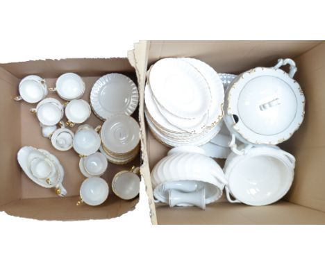 A Royal Albert 'Val D'or' pattern part dinner service to include three tureens (two lacking lids), oval serving platters of g